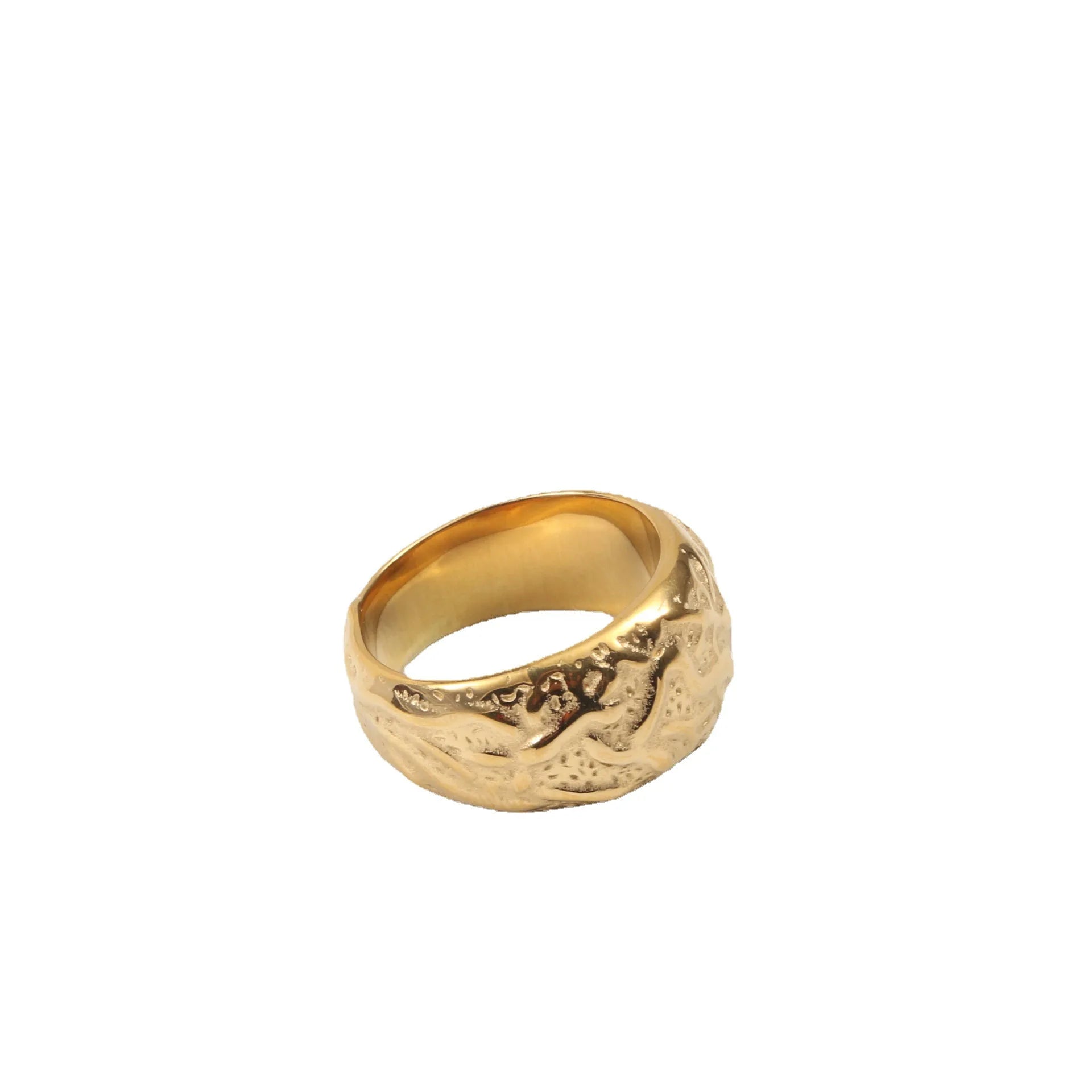 18K Gold Plated Wide Ring Meteorite Impact Chunky Stainless Steel Ring for Women's Rings