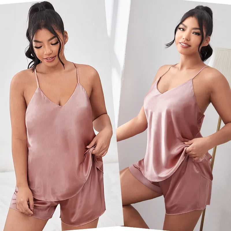 Custom Plus Size Ladies Spaghetti Strap Short Pajamas Silk Pyjamas Satin Loungewear Women Sets