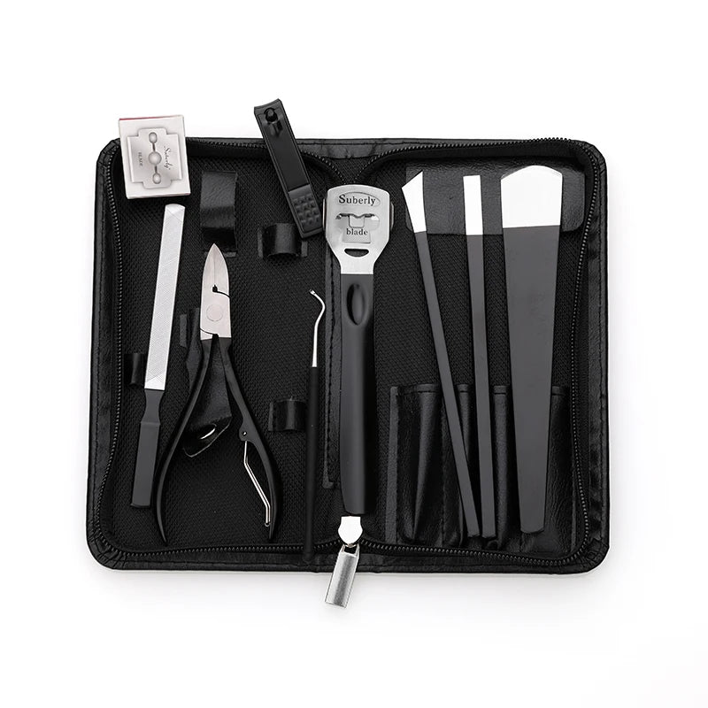 Factory Men 9pcs Manicure and Pedicure Set Black Personal Foot Care Grooming Kit Pedicure Knife Cuticle Remover Tools