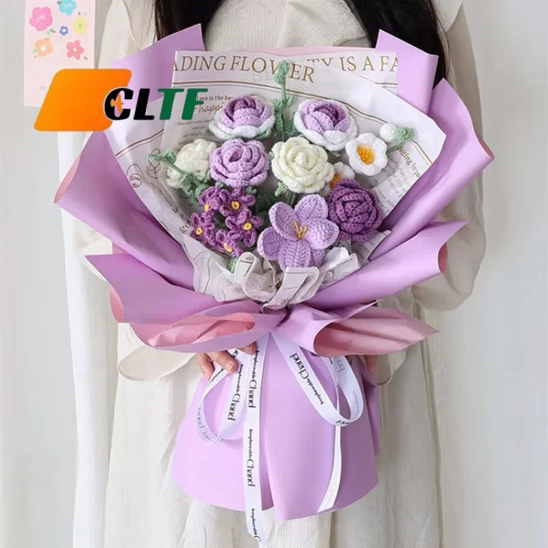 100% Handmade Woven Artificial Knitted Flowers Tulip Rose Christmas Valentine's Day Gifts 2025 Crochet Flower Bouquet