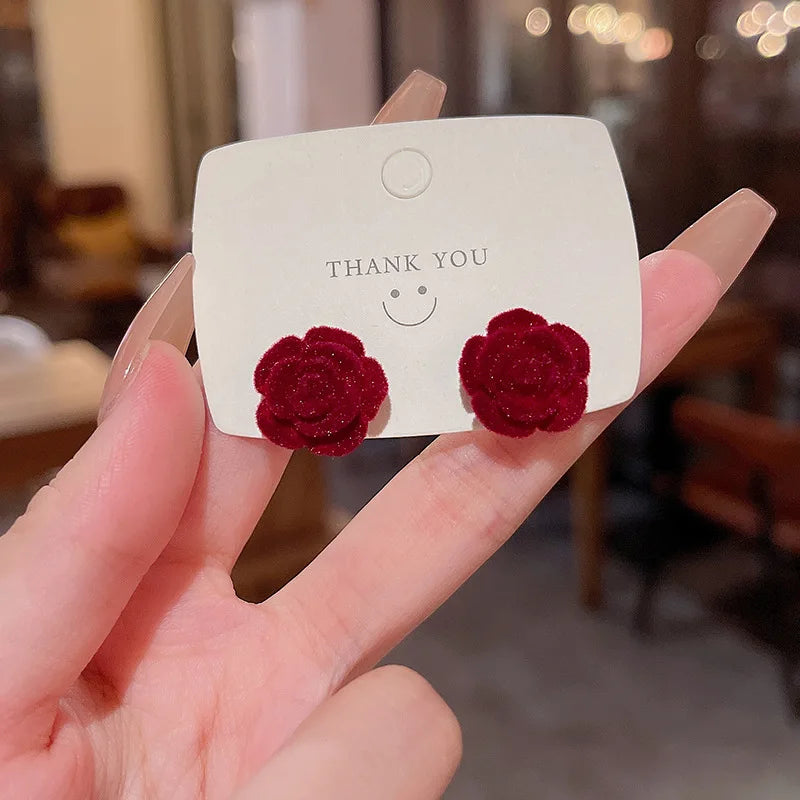 Trendy Temperament Red Flocking Rose Stud Small Niche Fashion Wholesale Plush Earrings 2023 Hot Sale
