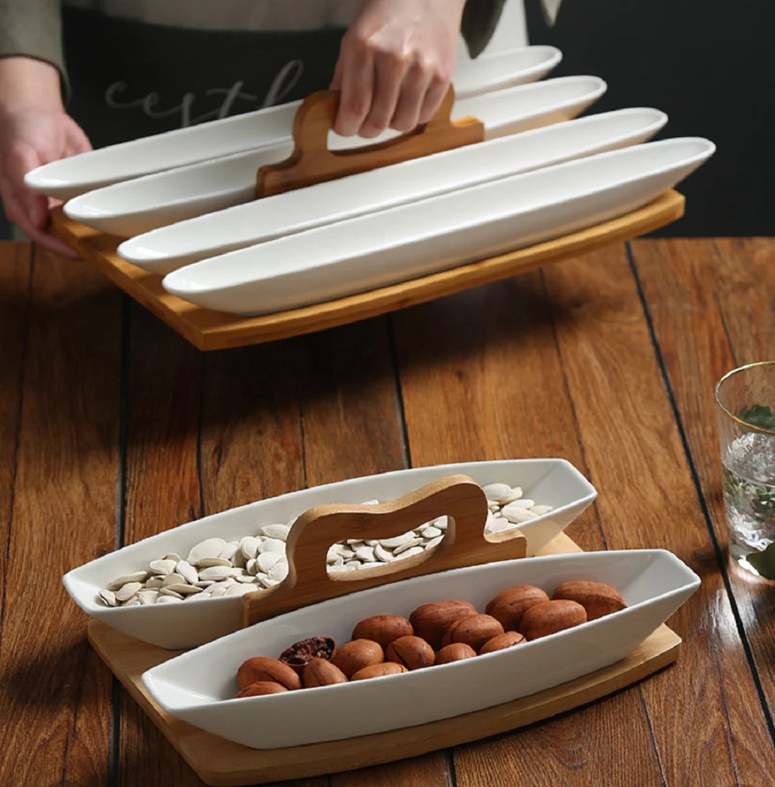 Hot Sale Classic Special-shaped Divided Grid Eco-Friendly Ceramic Platter Set Large Capacity Fruit Salad Snack Storage Tray
