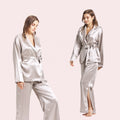 Custom Silver Grey Organic Silk Sleep Wear Long Sleeves 100% Pure Silk Pajamas Set for Women Silk Pajamas
