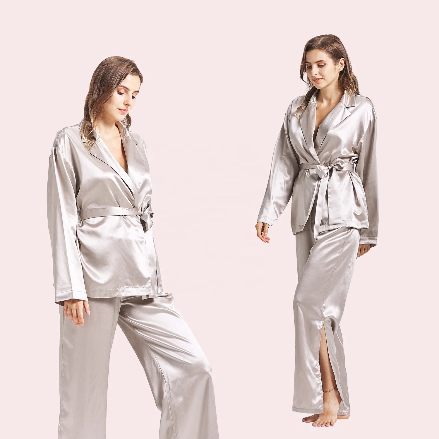 Custom Silver Grey Organic Silk Sleep Wear Long Sleeves 100% Pure Silk Pajamas Set for Women Silk Pajamas