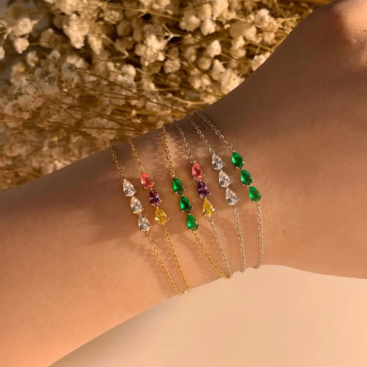 Trendy 18k Gold Plated Stainless Steel Bracelet Personality  Three Zircon Dainty Sweet Oval Zircon Bracelet Chain Jewelry