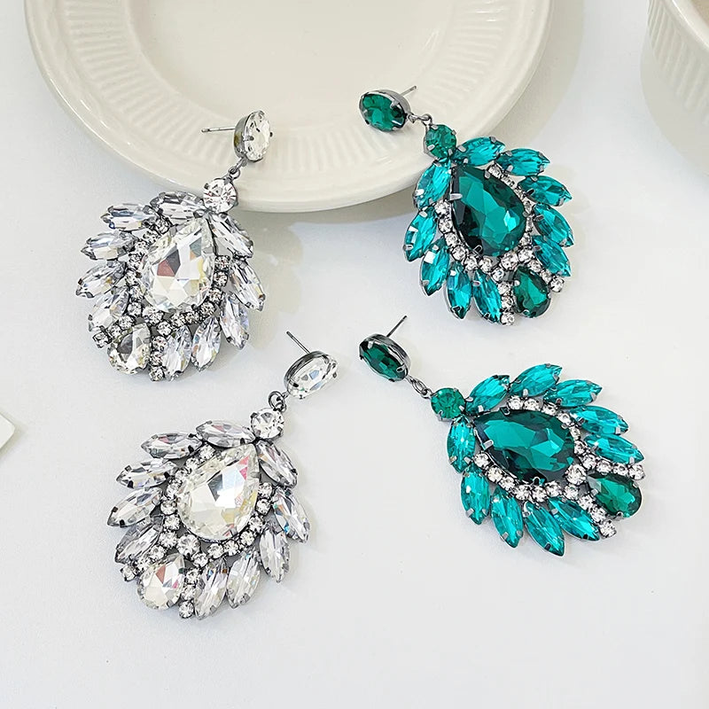 Exaggerated Crystal Leaf Dangle Earrings Women Rhinestone Leaf Bridal Earrings for Wedding