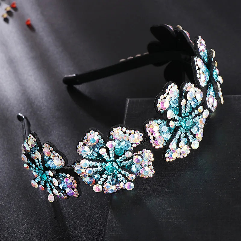 HX-008 Newest Design Five Flowers Crystal Rhinestone Luxury Czech Drill Hairband for Women in 4 Colors Party/Gift