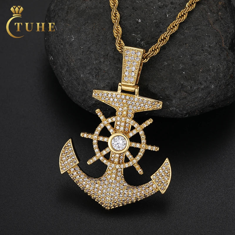 Wholesales Fashion Jewelry Anchor Pendant Hip Hop 14K Gold Plated Brass Zircon Diamond Iced Out Pendant Necklace