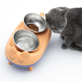 Pet Stainless Steel Double Bowl Non-slip Foldable Elevated Cat Dog Feeder Dish Food Water Ceramic Bowl