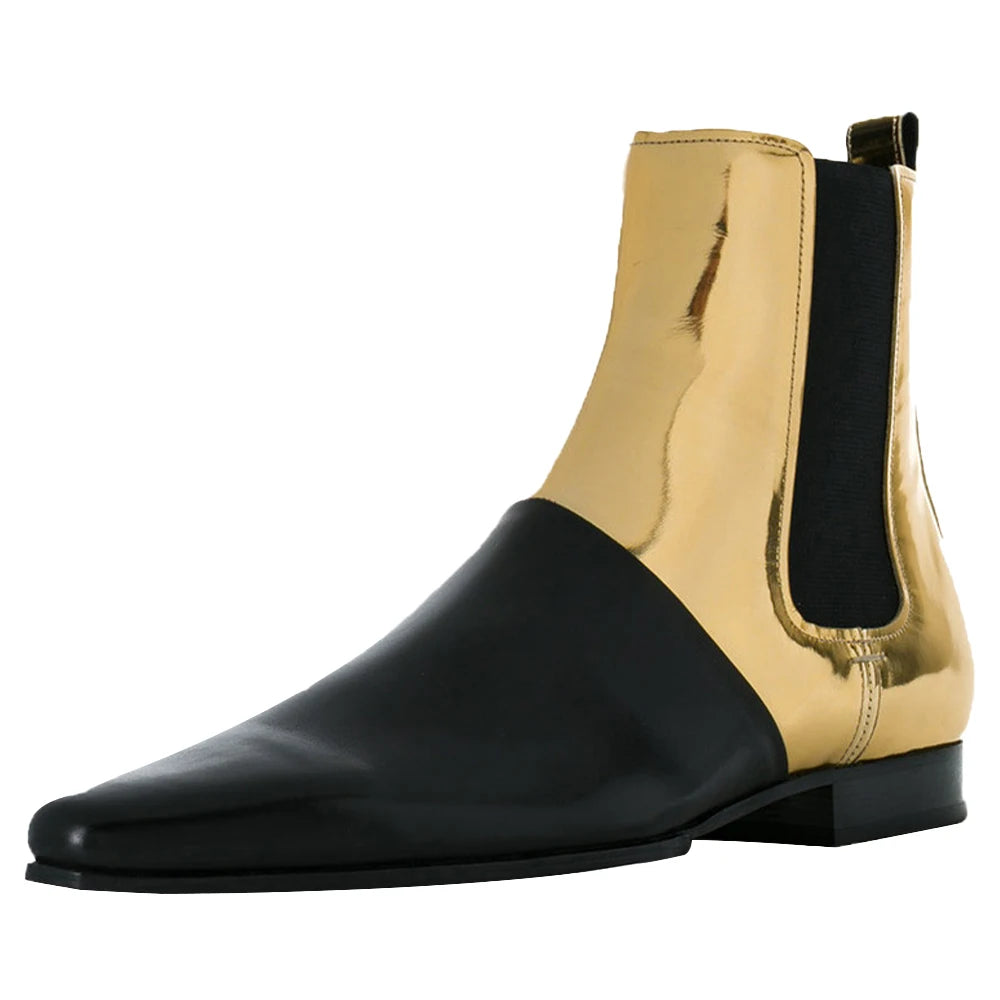 Men's New Fashion Patent Leather Casual Chelsea Boots Ankle Height Cowboy Style Shoes for Winter Summer and Autumn Seasons