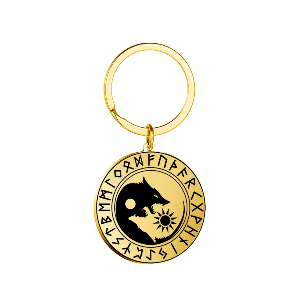 Runes Yin Yang Wolf Sun Moon Keychain Viking Odins Knot Pendant Keychain for Men Women Bracelet Magical Blessed Pentagram