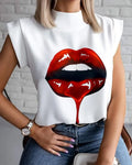 Elegant Lips Eyes Print Blouse Shirts Women O Neck Short Sleeve Basic Top  Summer Casual Streetwear Shirt Pullover Feminine