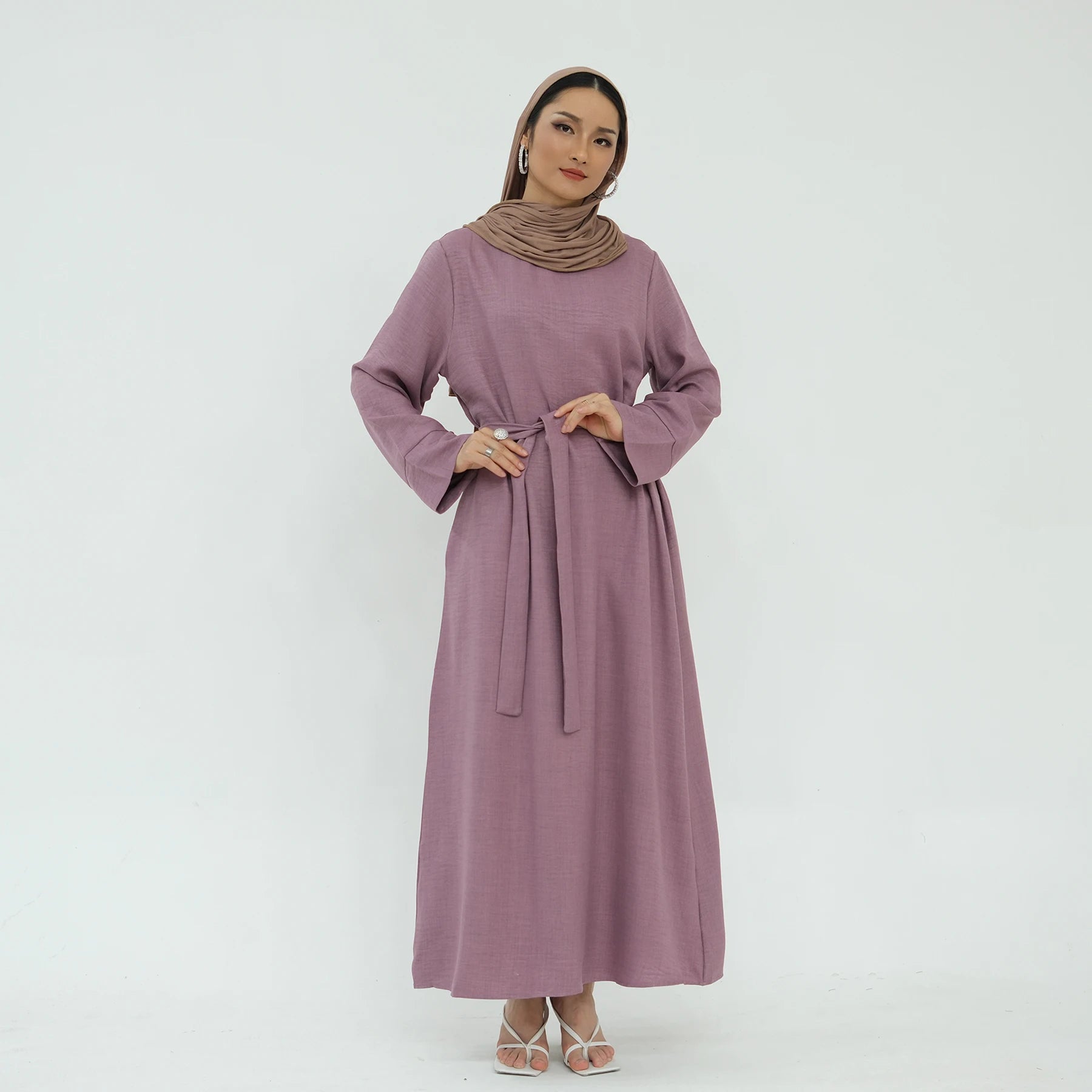 New Daily Wear Simple Plain Modest Abaya Elegant Wrinkle Polyester Islamic Clothing Women Muslim Dress With Beltelt