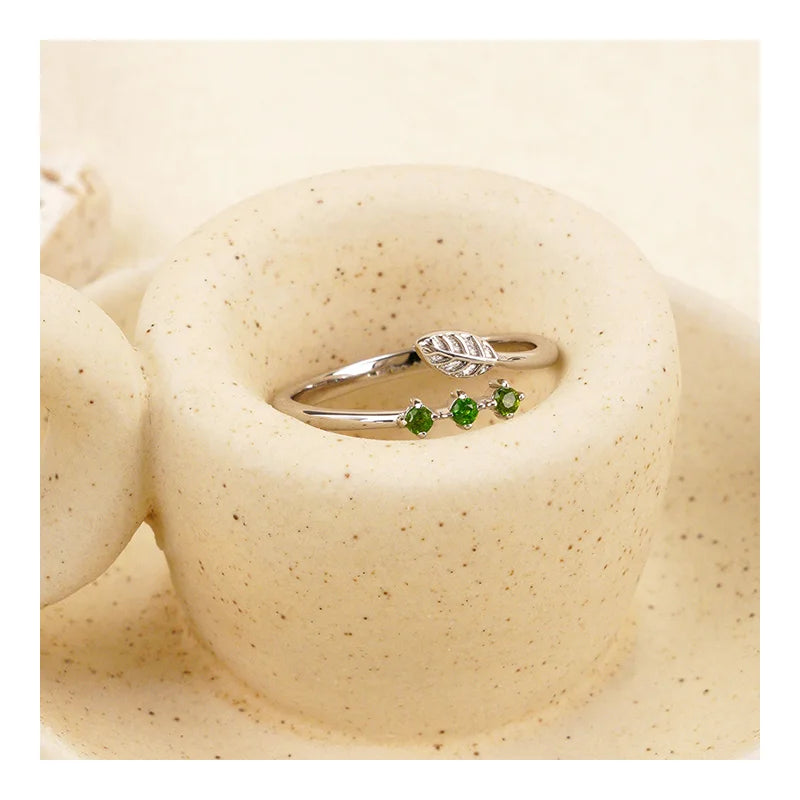 Minimalist Bulk 925 Sterling Silver Crystal Jewelry Natural Diopside Stone Leaf Shape Open Rings Stackable Adjustable