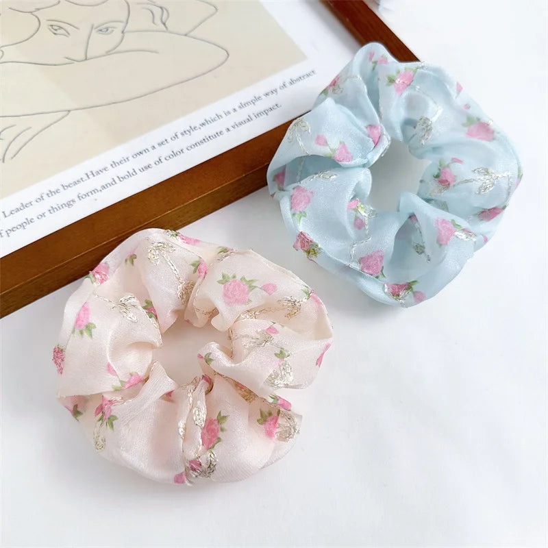 MIO Sweet Spring Summer Hot Selling Hair Scrunchies Floral Pattern Embroidered Flower Hair Holder Lady Girls Accessories