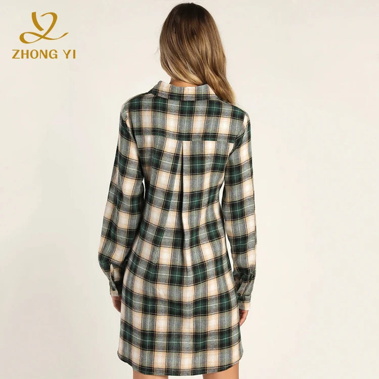 Factory Wholesale Custom Oem Women Fashion Plaid Shirt Skirt Lonfg Sleeve Bandages Slim Short Casual Dresses