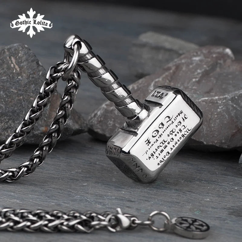 Unikely Designed Gothic Stainless Steel Necklace Norse Mythology Viking Rune Hammer Togetherness Pendant for Men for Party MegaBDM