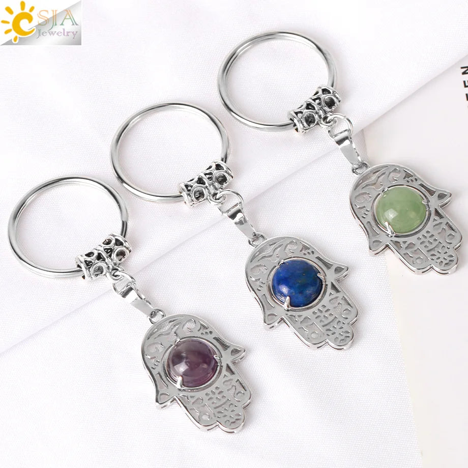CSJA New Fatima Hamsa Hand Natural Stone Crystal Keychains Wholesale Car Key Ring Keys Chains Accessories Holder G987