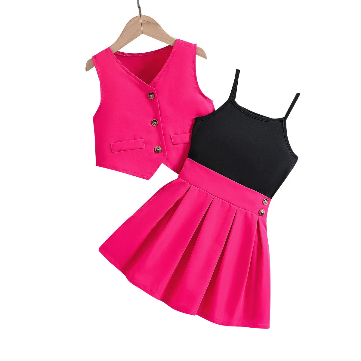 2025 Summer Girl College Style Stylish Suit Children Button Vest Ruffle Skirt 3Pcs Suit Student School Fashion Clothes Set