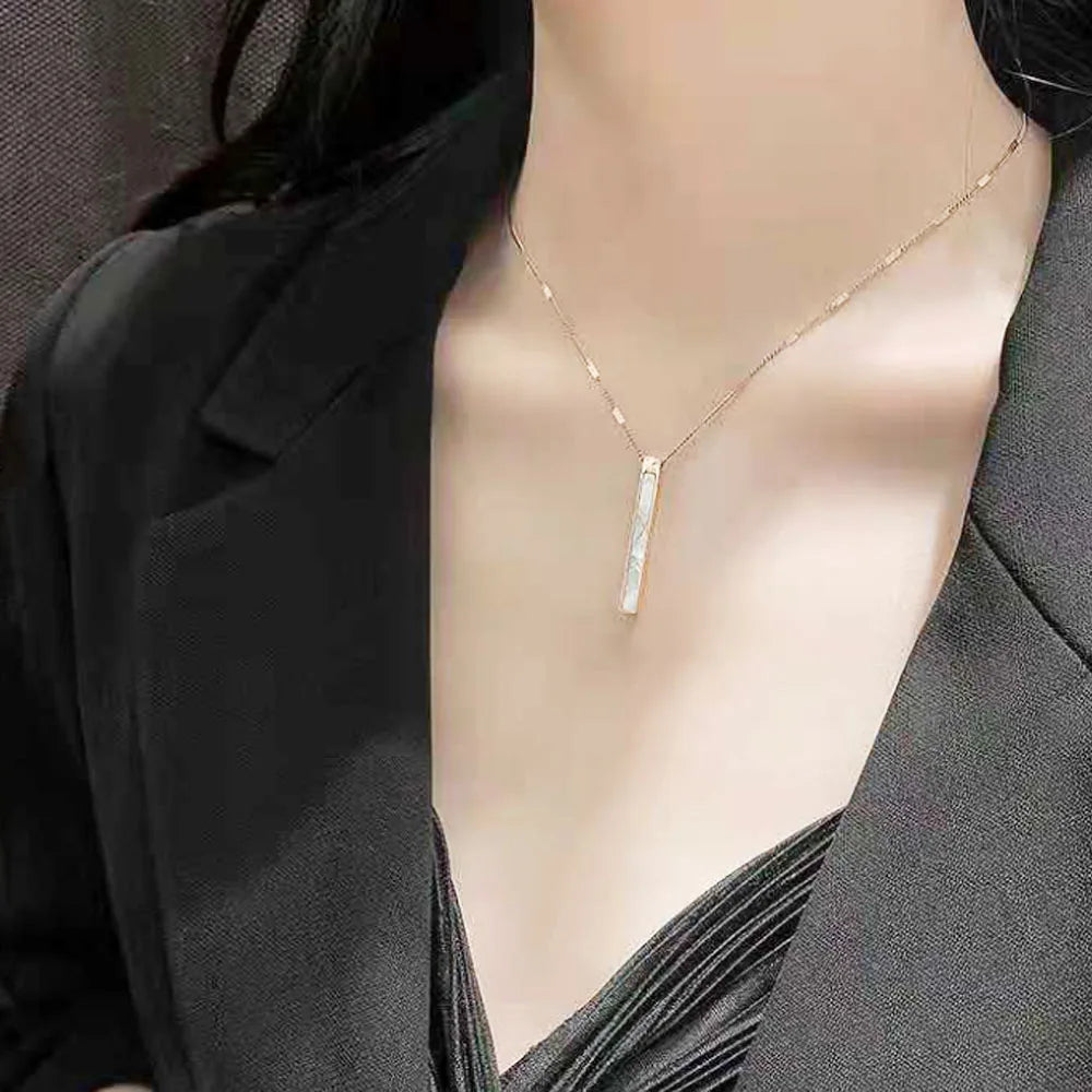 Woman Stainless Steel 18k Gold Plated 3d Gold Rose Gold Silver Vertical Mother of Pearl bar Pendant Choker Necklace
