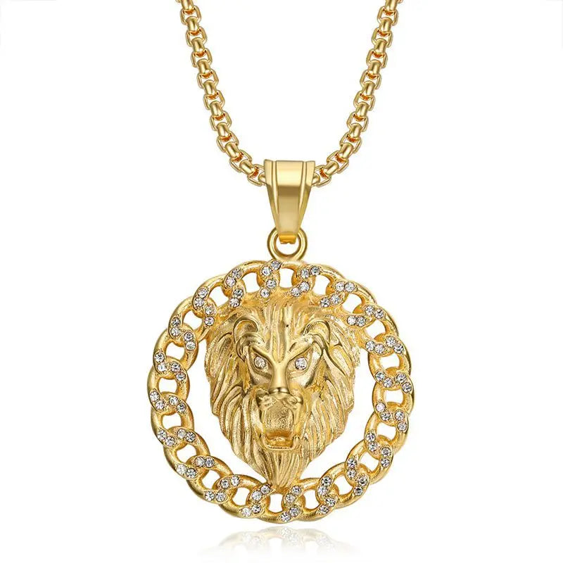 Hip Hop Jewelry Cuban Link Chain Stainless Steel Men Cz Diamond Iced Out Pendant lion