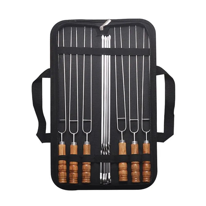 Promotion 6Pcs 42cm U Shape Stainless Steel BBQ Skewers 4Pcs 40cm Barbecue Kebab Skewer Wood Handle BBQ Fork with Storage Bag