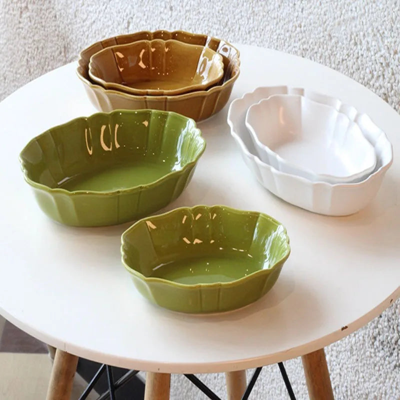 Creative Retro Japanese-style Wave Lace Ceramic Tableware Oval Baking Plate Baked Rice Bowl Plate Personality Practical Salad Pl