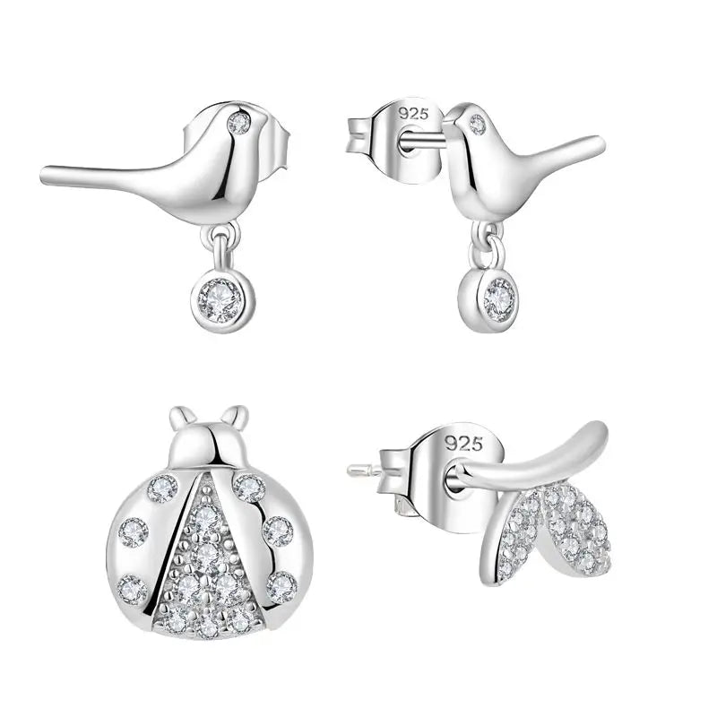 S925 Silver Sweet Ear Studs Women Korean Fashion Birds Zircon 925 Sterling Silver Earrings Asymmetry Jewelry