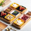 Small Square Ceramic Fruit Platter with Wooden Tray Contrast Color Eco-Friendly Seasoning Saucer Plate Set
