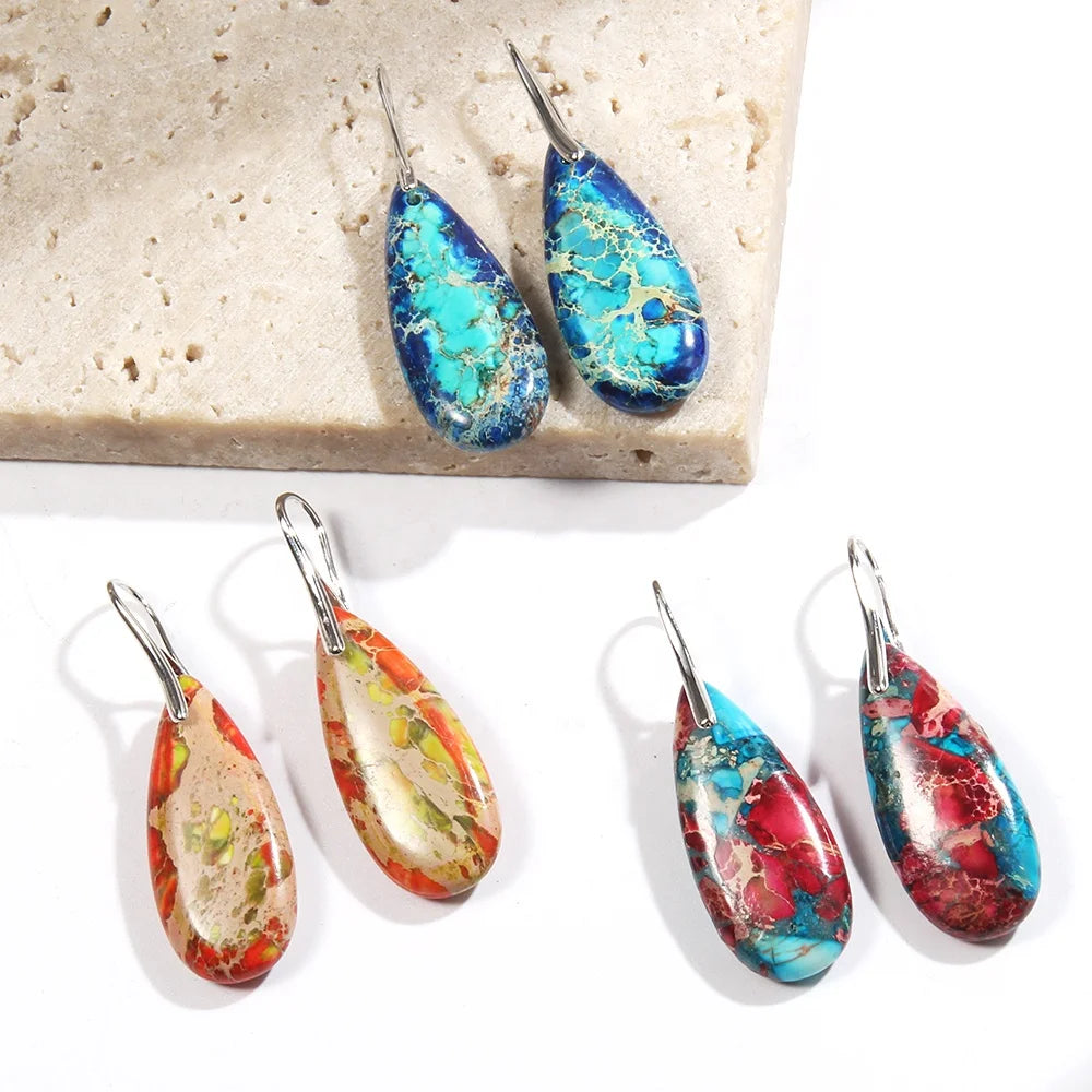 New Beautiful Bohemian Elegant Women Custom Jewelry Double-color Emperor Stone Charm Pendant Earring Teardrop Dangling Earring