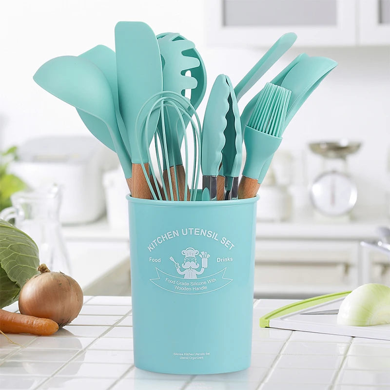 12-Piece Durable Kitchen Utensil Set with Wooden Handles Silicone Spatula Spoon Ladle