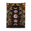 Moon Garden Floral Tapestry Rustic Cotton Wall Hanging with Moon Phase Flower Black Background Curtain for Room Decoration