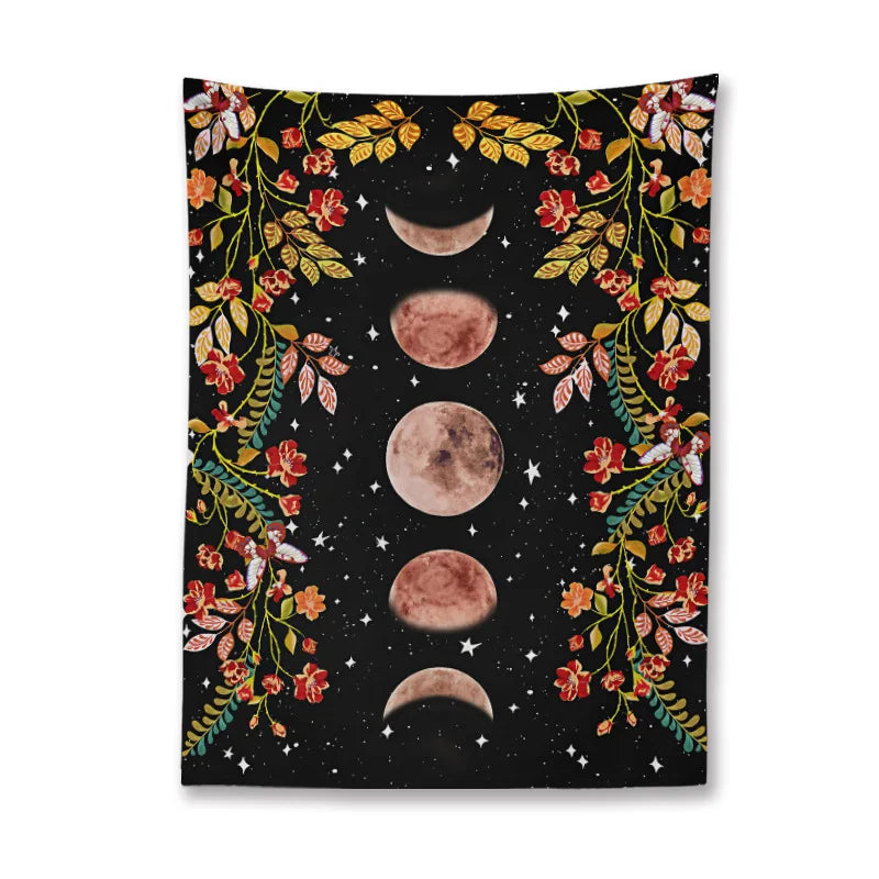 Moon Garden Floral Tapestry Rustic Cotton Wall Hanging with Moon Phase Flower Black Background Curtain for Room Decoration