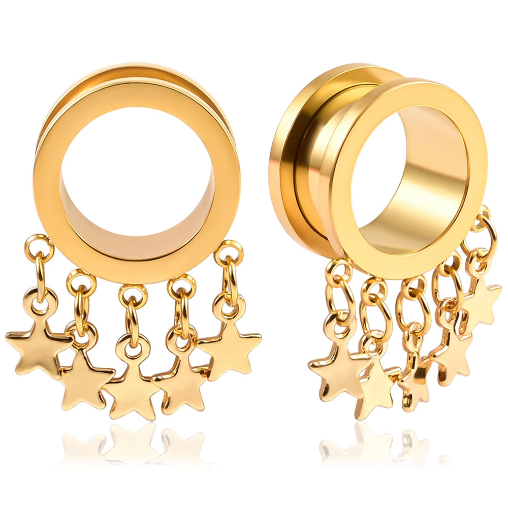 Evorte Children's Stainless Steel Punk Star Tassel Ear Plugs Tunnel Gauges Moon Ear Weights Stretcher Hanger Modern Ear Piercing