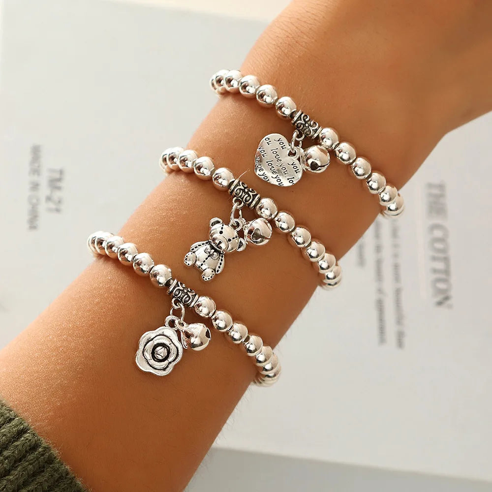 Fashion Silver Plated Alloy Beads Beaded Bell Bracelet Small Flower Bear Heart Pendant Beaded Bracelet Women