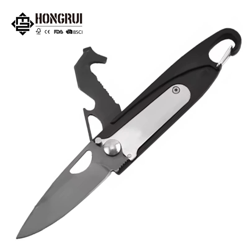 Hongrui 7 in 1 Small EDC Folding Pocket Knife Keychain Self Defense Survival Knife With Steel Blade for Camping Hiking Use