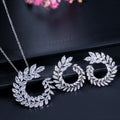 Women Costume Jewelry Long Leaf Olive Branch Marquise Cut Pendant Necklace and Earring Sets with Sparkly White Cubic Zirconia