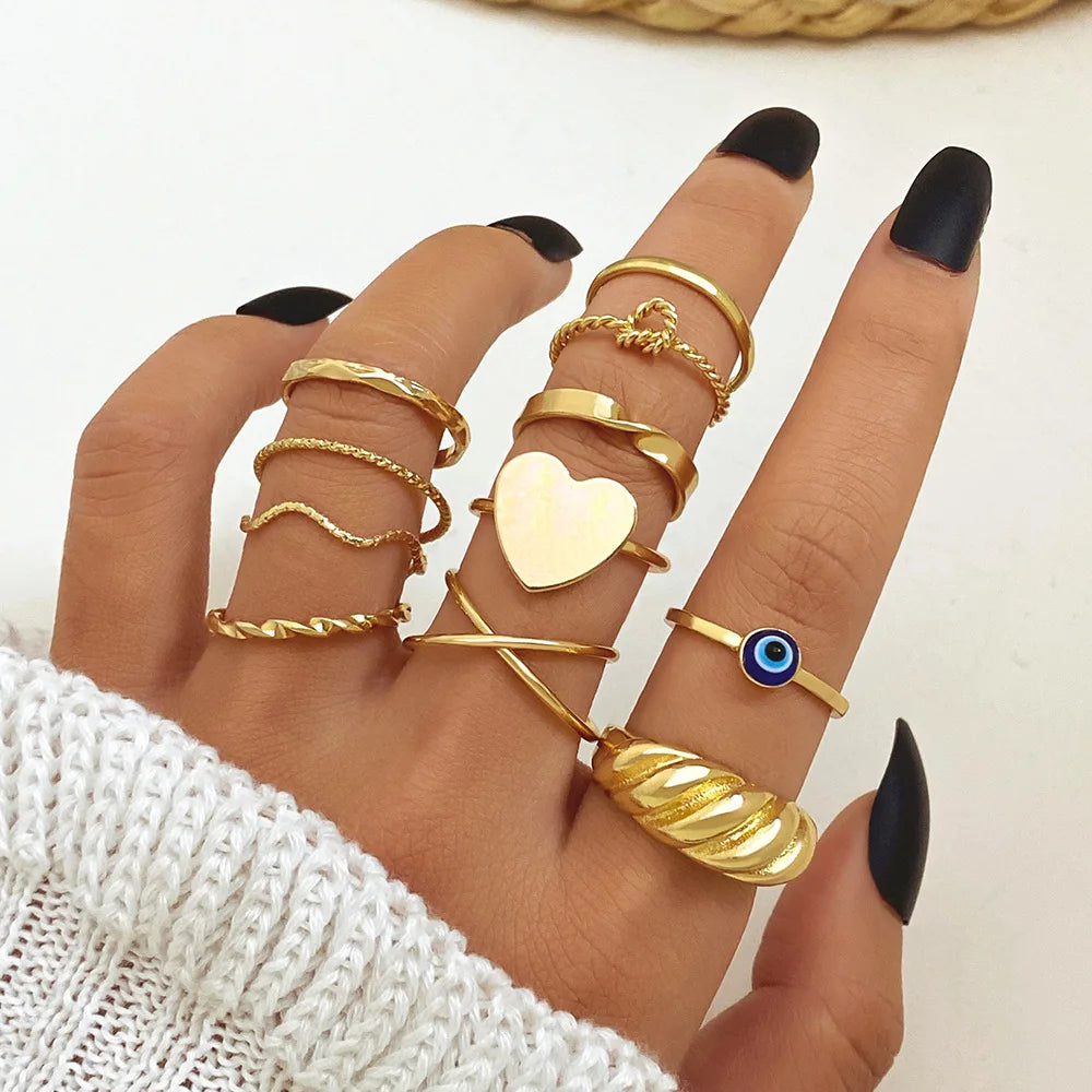11pcs/set Fashion Creative Heart Chunky Ring Set for Women Open Ring Set Hollow Joint Knuckle Ring Bohemia Jewelry