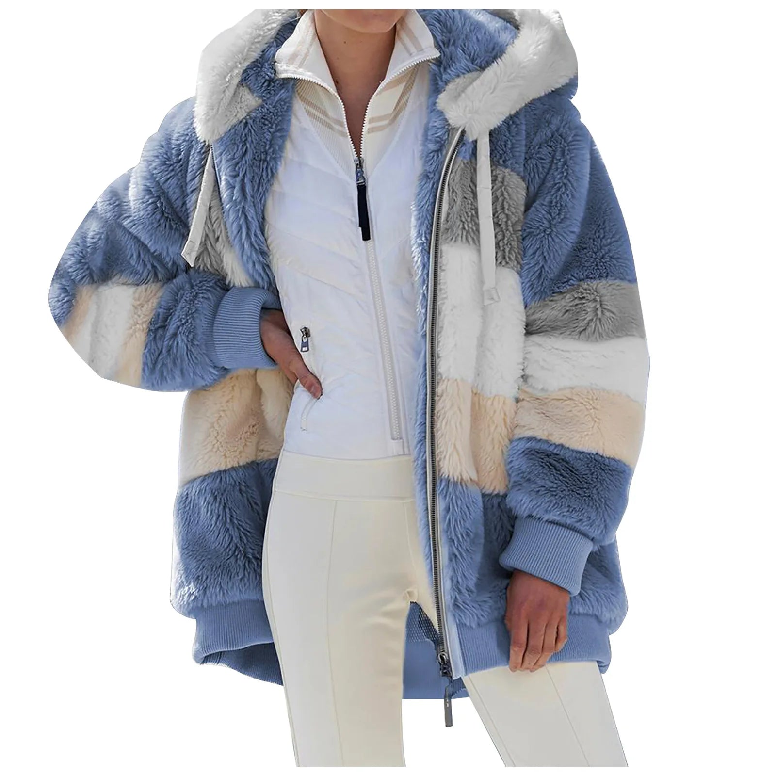 Winter Women Jacket Fashion Plush Patchwork Zipper Pocket Winter Hooded Jacket Retro Loose Long Sleeve Plus Size Women Top Coat