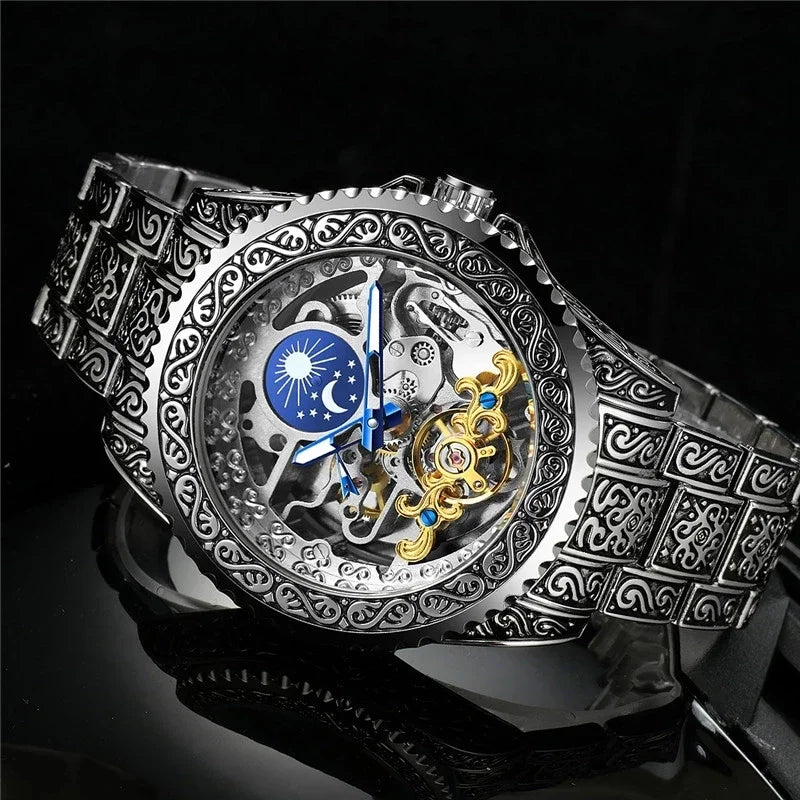 Forsining Men Tourbillion  Mechanical Wrist Watch Moon Phase Stainless Steel Male Relogio Masculino Watch for Men