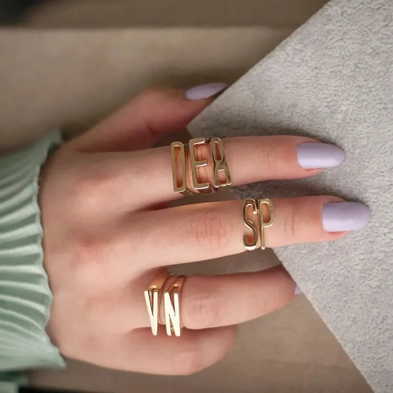 Personalized Adjustable Thin Font Gold Plated 26 Initial Letter Open Ring for Women