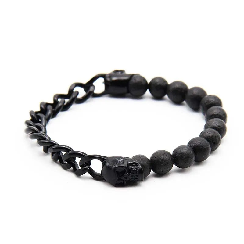 Fashion Jewelry Finding Volcanic Stone Bracelet Beaded Natural Stone Gold Silver Rose Gold Metal Skull Beads Men Bracelet
