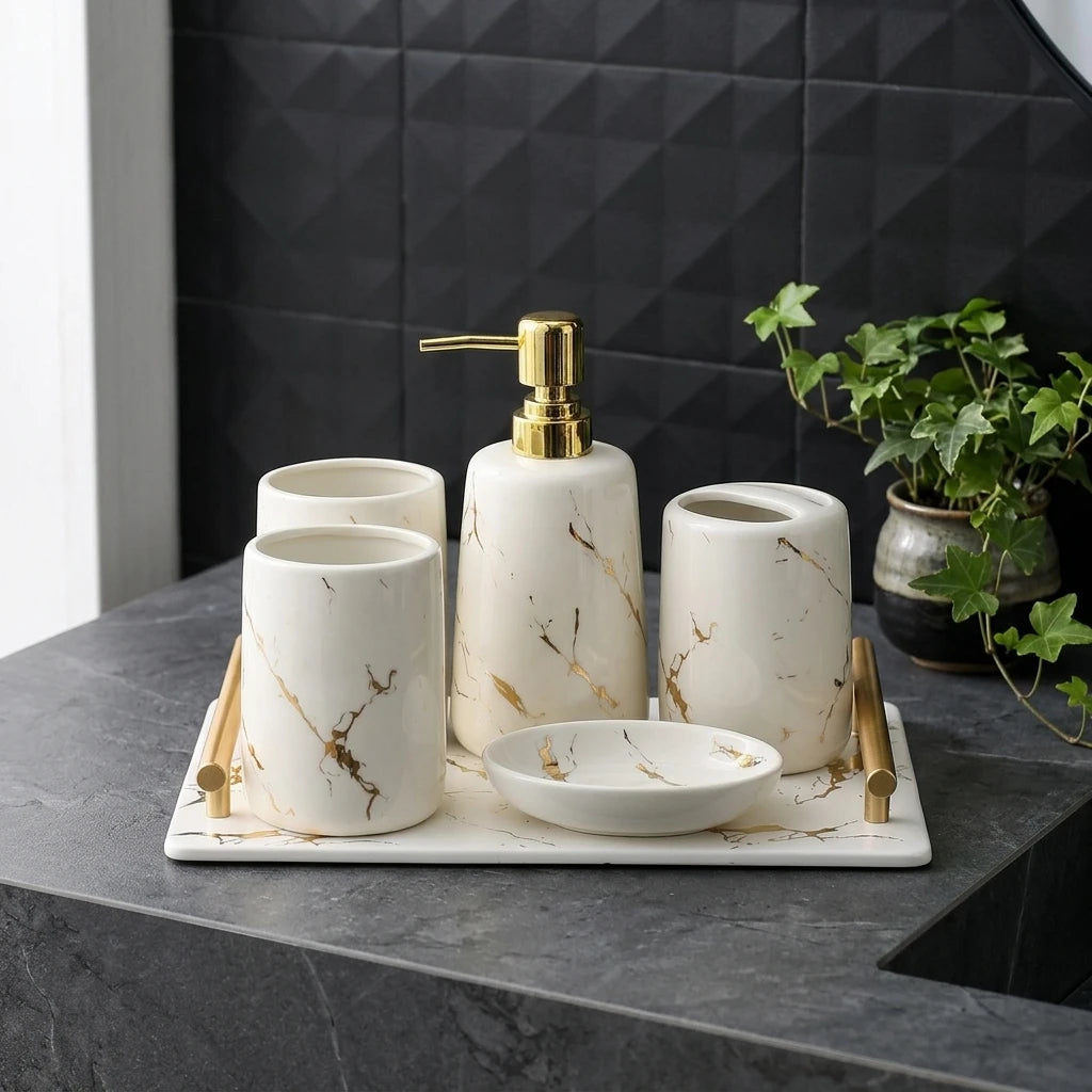 Wholesale 6pcs Organic Ceramic Bathroom Set Decorative Marble Bathroom Accessories Set