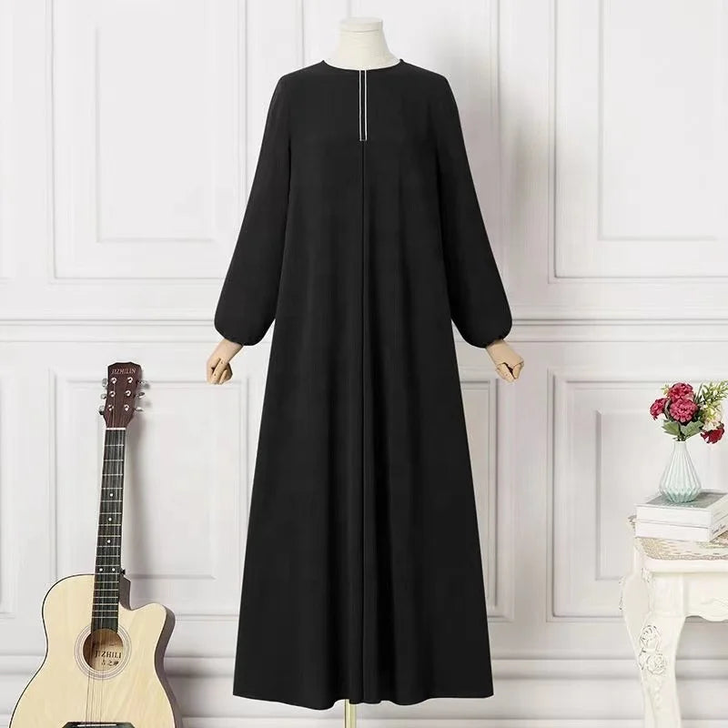Luxury Solid Color Dubai Modest Abaya Dress Muslim Women Polyester Front Zip Girl Robe Hijab Nida Long Winter Closed Gown Eid
