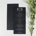 2025 Customized Unique Design Leather Texture Paper Menu Cards with Custom White Foil Text for Wedding Party Event