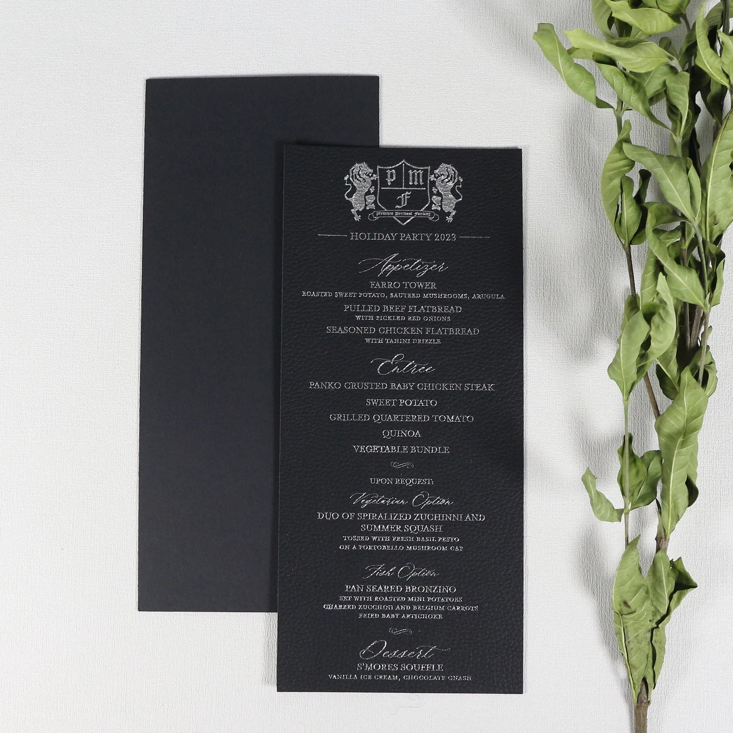 2025 Customized Unique Design Leather Texture Paper Menu Cards with Custom White Foil Text for Wedding Party Event