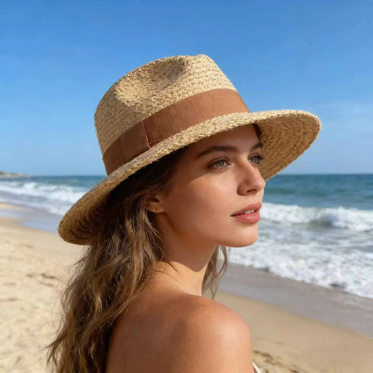 Raffia Straw Hat for Women and Men Summer Beach Sun Protection Panama Fedora Hat