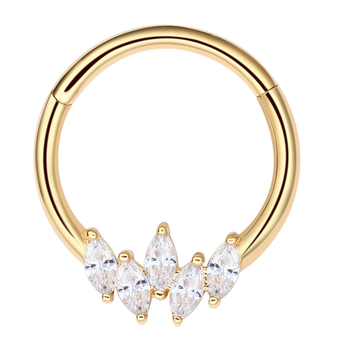 Eternal Metal 14K Solid Gold Facing 5 Marquise 5A CZ Hinged Segment Hoop Ring Septum Clicker Helix Piercing Jewelry