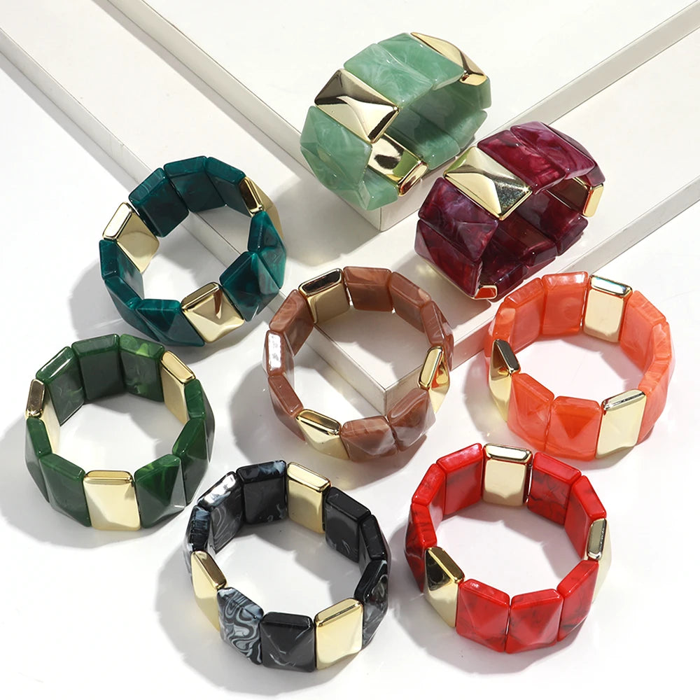 Personalized Unisex Vintage Gift Trendy Acrylic Colorful Square Geometric Beads Elastic Bracelet