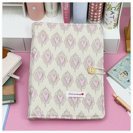 Pink Heart-shaped A5-sized Handmade Cartoon Print Fabric-bound Loose-leaf Notebook Girls Student's Note-taking Detachable Inner